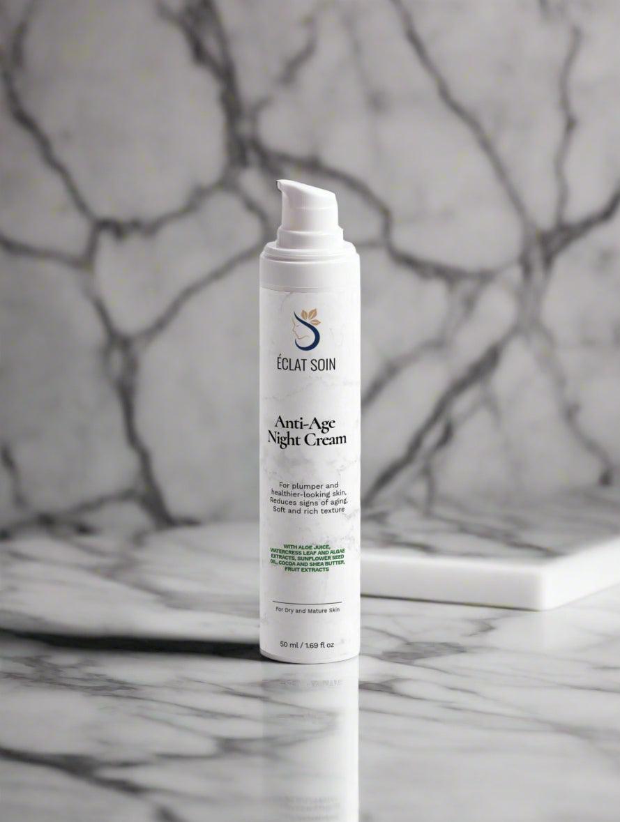 Eclat Soin Hyaluronic Acid Anti-Age Night Cream in a sleek bottle for youthful skin renewal